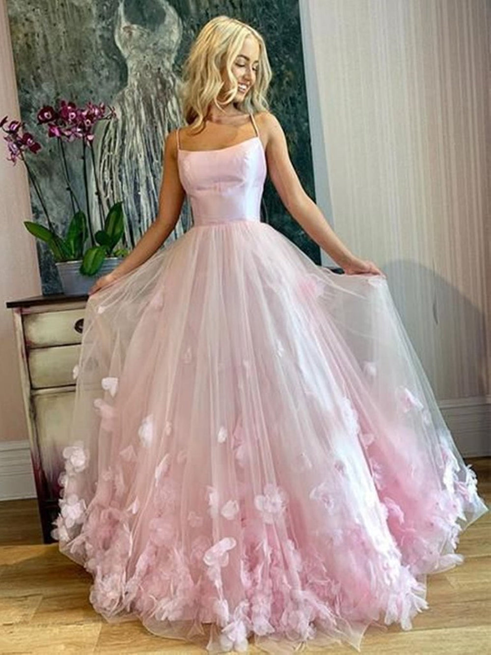 tti Straps Pink Floral Long Prom Dresses, Pink Floral Long Formal Evening Dresses