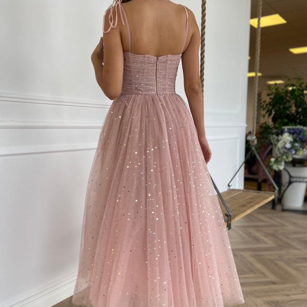 
                      
                        tti Straps Sequins Pink Tea Length Prom Dresses, Shiny Sequins Pink Homecoming Dresses, Pink Formal Evening Dresses
                      
                    