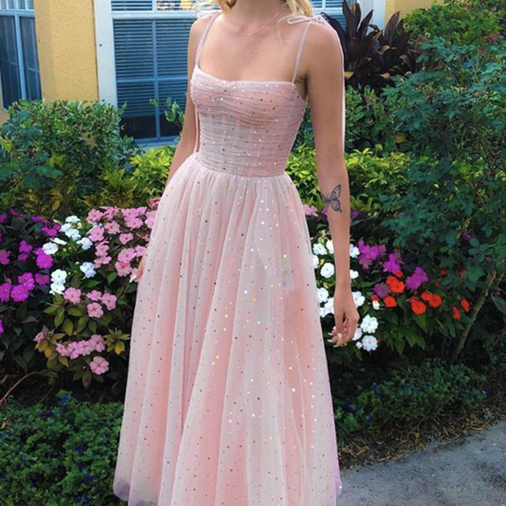 
                      
                        tti Straps Sequins Pink Tea Length Prom Dresses, Shiny Sequins Pink Homecoming Dresses, Pink Formal Evening Dresses
                      
                    