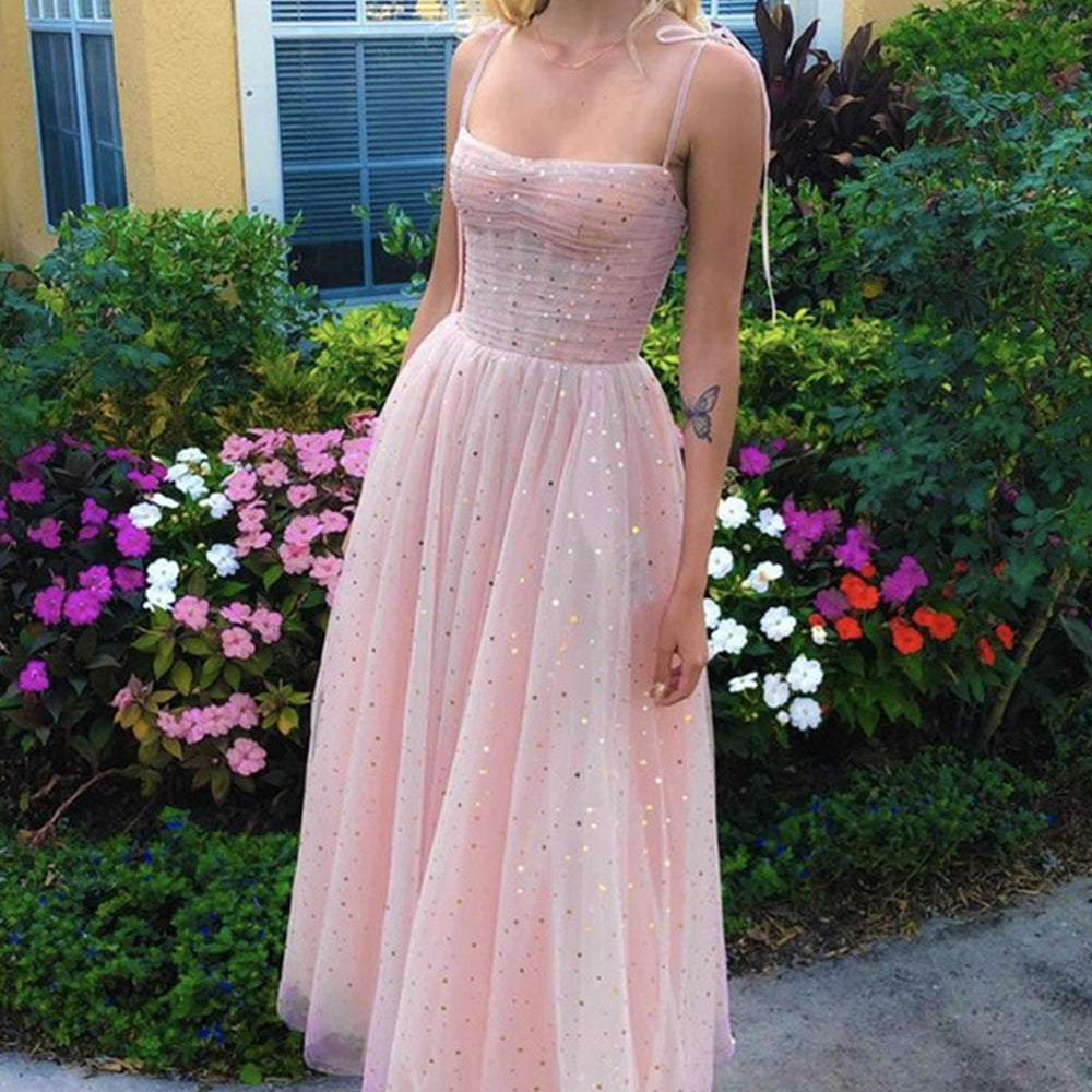 
                      
                        tti Straps Sequins Pink Tea Length Prom Dresses, Shiny Sequins Pink Homecoming Dresses, Pink Formal Evening Dresses
                      
                    