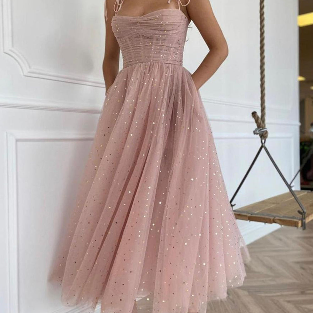 
                      
                        tti Straps Sequins Pink Tea Length Prom Dresses, Shiny Sequins Pink Homecoming Dresses, Pink Formal Evening Dresses
                      
                    