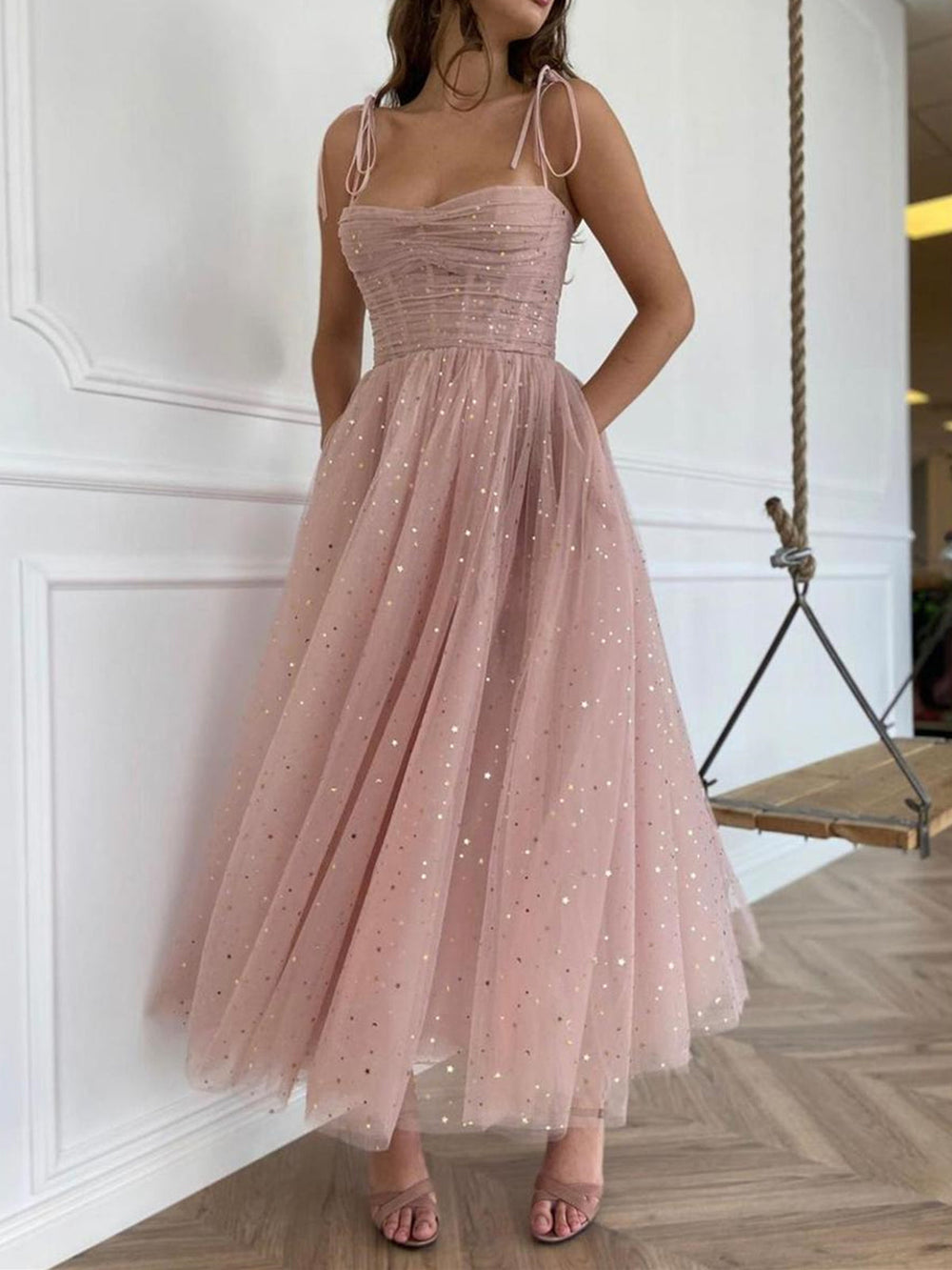 tti Straps Sequins Pink Tea Length Prom Dresses, Shiny Sequins Pink Homecoming Dresses, Pink Formal Evening Dresses