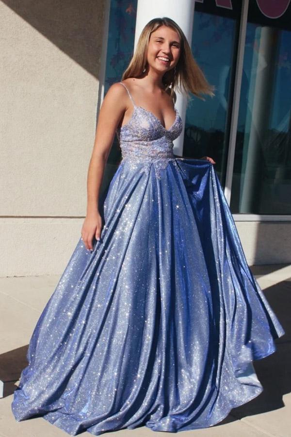 Sparkly A Line Satin Long Prom Dress With Lace Appliques