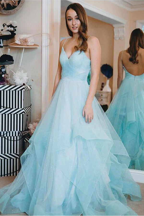 Sparkly A Line Spaghetti Straps Multi-layered Tulle Prom Dress