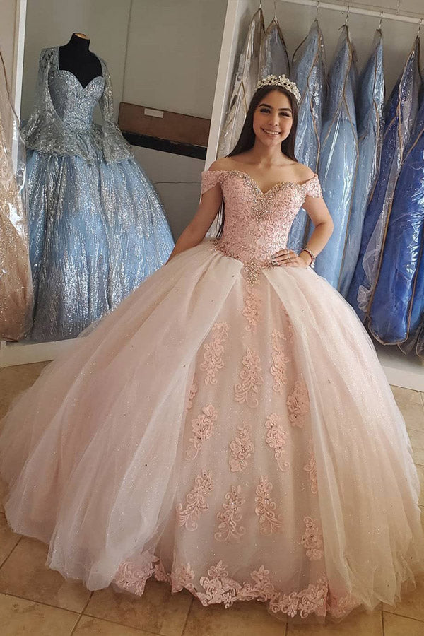 
                      
                        Sparkly Ball Gown Sweetheart Pink Lace Prom Dress With Rhinestone
                      
                    