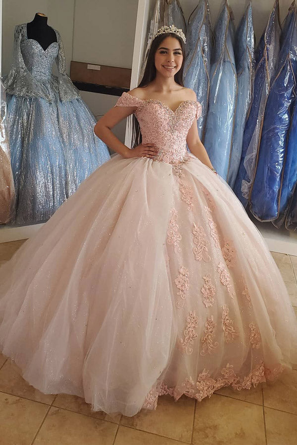 Sparkly Ball Gown Sweetheart Pink Lace Prom Dress With Rhinestone