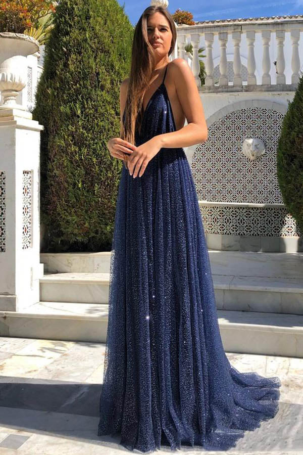 
                      
                        Sparkly Deep V Neck Prom Dress Backless Evening Gown
                      
                    