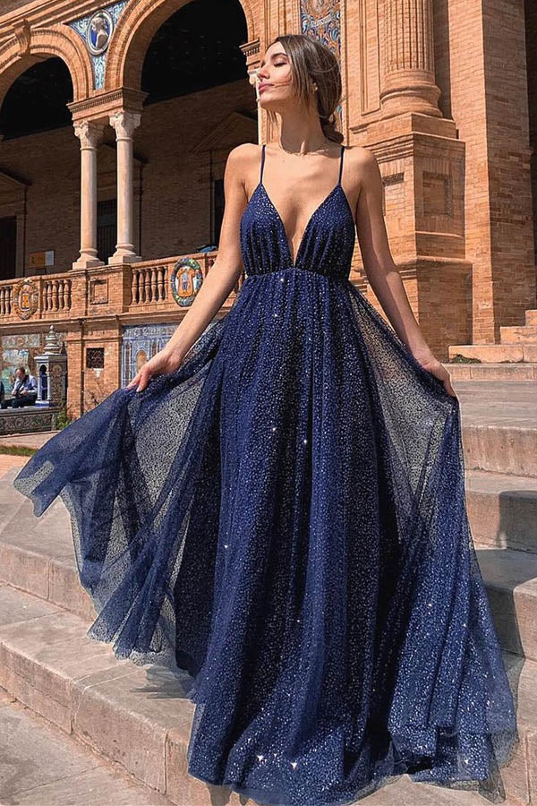 
                      
                        Sparkly Deep V Neck Prom Dress Backless Evening Gown
                      
                    