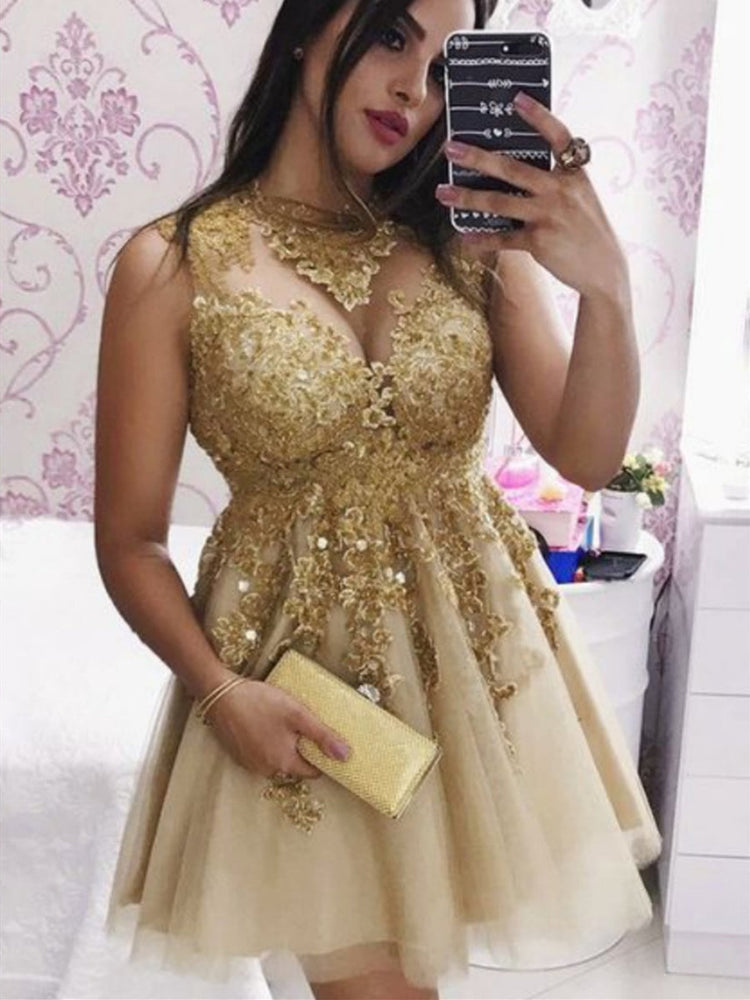 y Golden Lace Appliques Short Prom Dresses Homecoming Dresses, Golden Lace Formal Graduation Evening Dresses