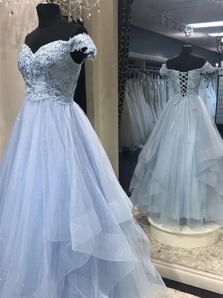 
                      
                        y Off Shoulder Blue Lace Long Prom Dresses, Off the Shoulder Blue Formal Dresses, Blue Lace Evening Dresses
                      
                    