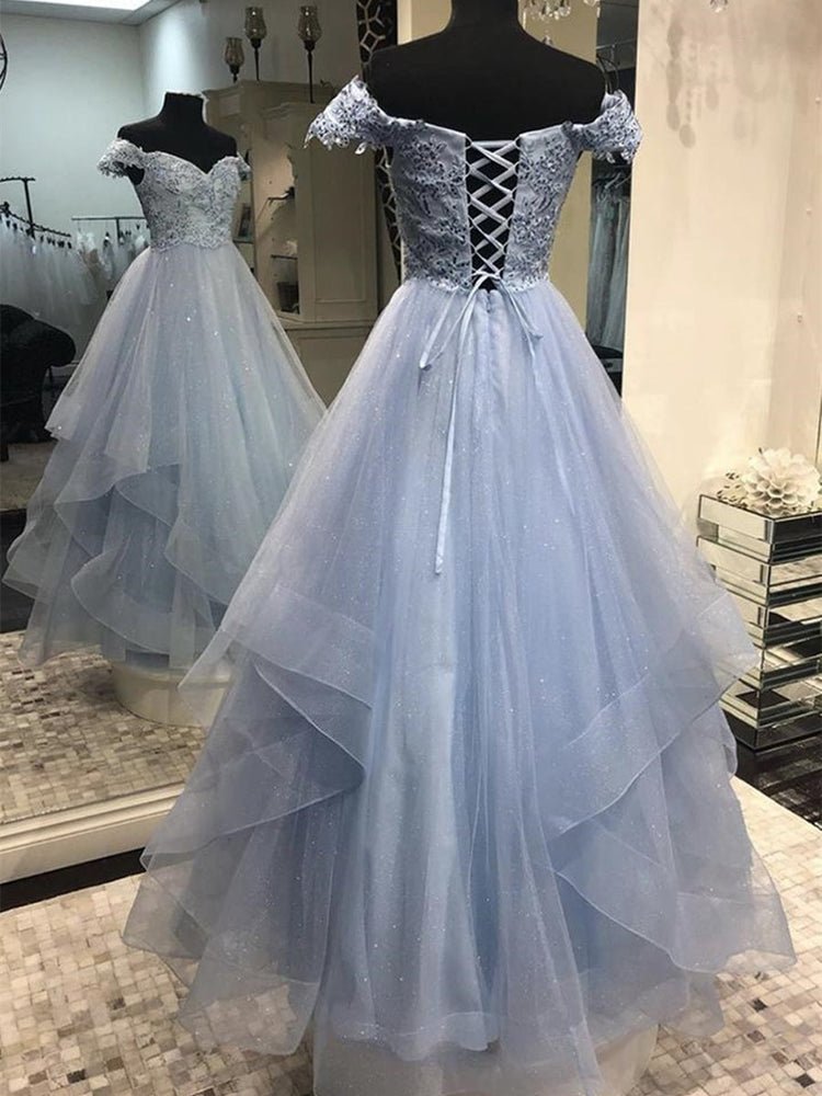 y Off Shoulder Blue Lace Long Prom Dresses, Off the Shoulder Blue Formal Dresses, Blue Lace Evening Dresses