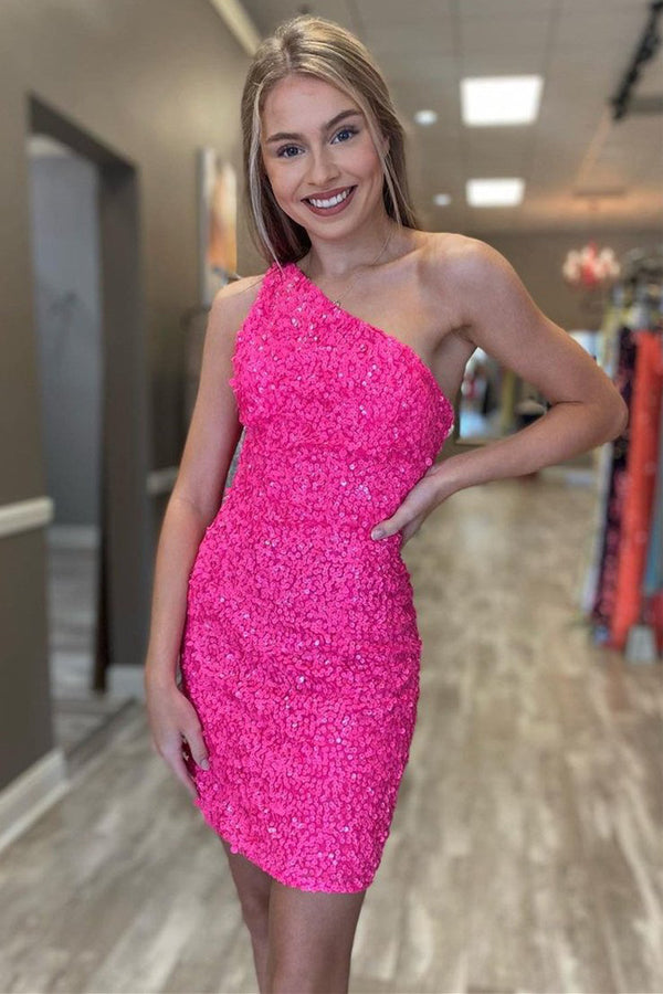 Sparkly One Shoulder Tight Homecoming Dress Sequins Short Prom Dress