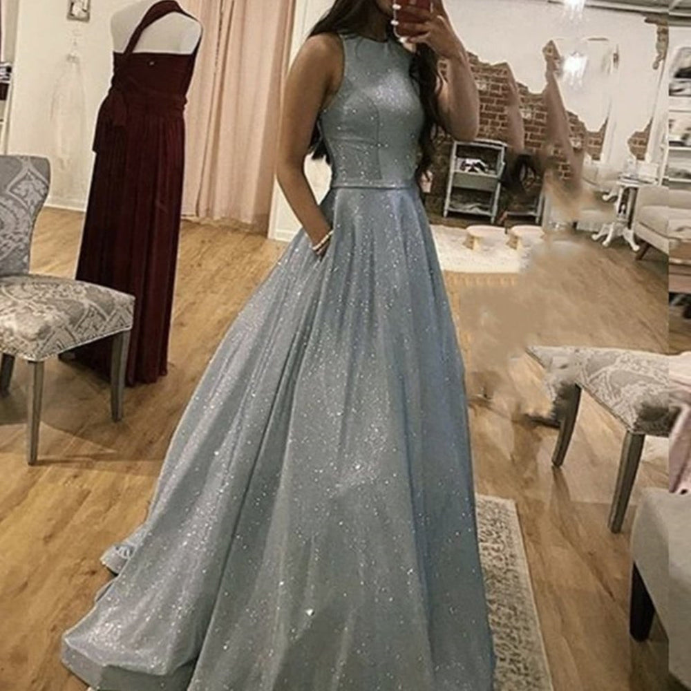 y Round Neck Silver Grey Long Prom Dresses, Silver Gray Long Formal Evening Dresses