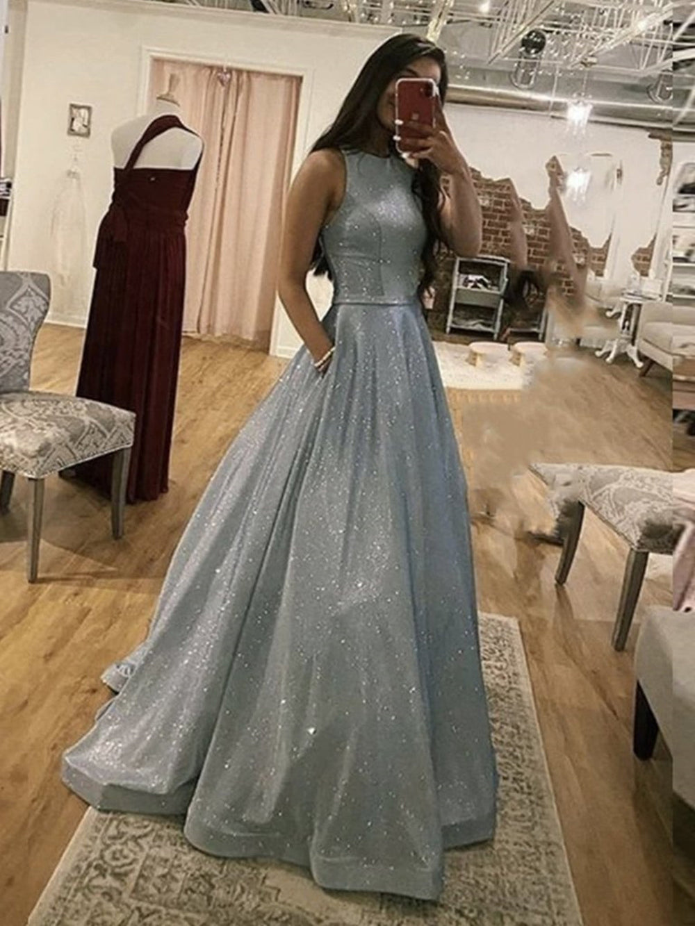 y Round Neck Silver Grey Long Prom Dresses, Silver Gray Long Formal Evening Dresses