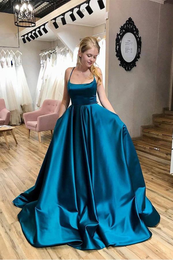 Sparkly Scoop Neck Spaghetti Straps Prom Dress Split Evening Dress