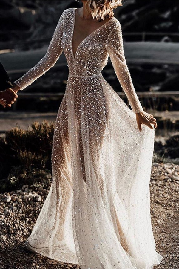 
                      
                        Sparkly See Through Long Sleeve Wedding Dress
                      
                    