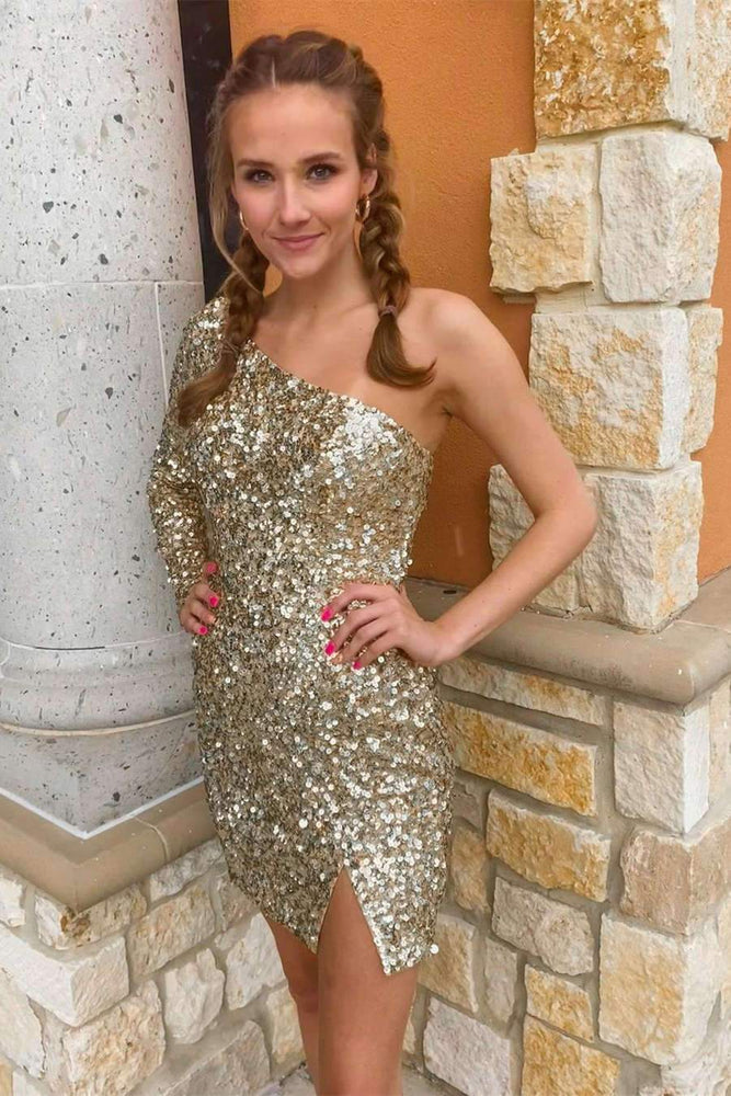 
                      
                        Sparkly Sequins Tight Homecoming Dress One Sleeve Short Prom Dress
                      
                    