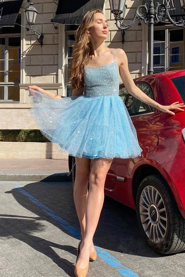 
                      
                        Sparkly Sky Blue Sequins Tulle Homecoming Dresses
                      
                    