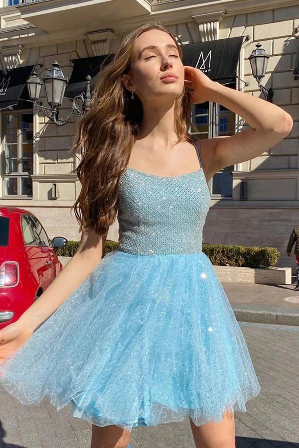 
                      
                        Sparkly Sky Blue Sequins Tulle Homecoming Dresses
                      
                    