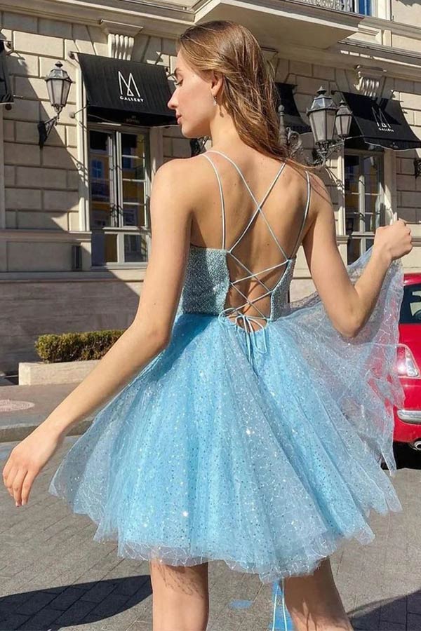 
                      
                        Sparkly Sky Blue Sequins Tulle Homecoming Dresses
                      
                    