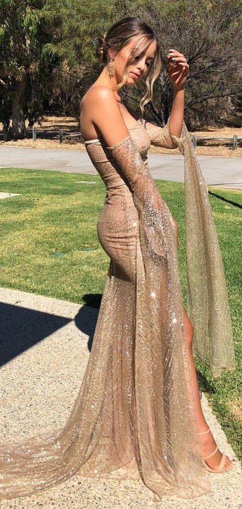 
                      
                        Sparkly Strapless Gold Sequin Prom Dress With Slit
                      
                    