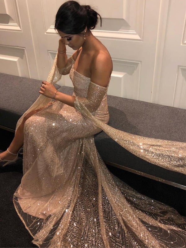 
                      
                        Sparkly Strapless Gold Sequin Prom Dress With Slit
                      
                    