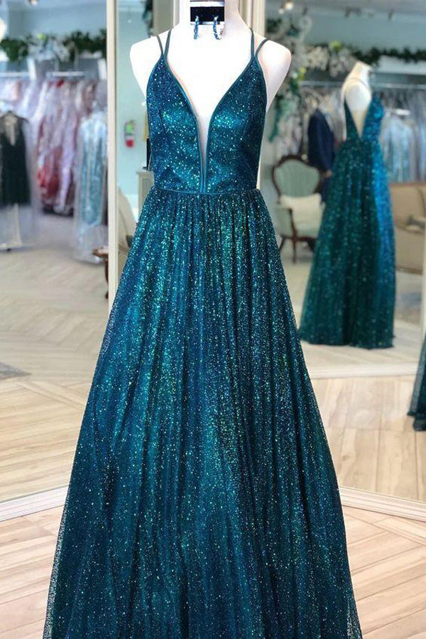 
                      
                        Sparkly Teal Sequins Long Prom Dress Backless Evening Dress
                      
                    