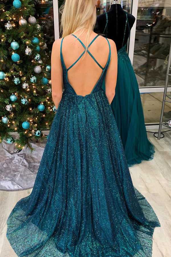 
                      
                        Sparkly Teal Sequins Long Prom Dress Backless Evening Dress
                      
                    