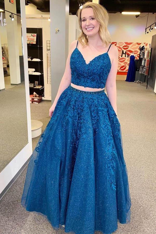 Sparkly Two Piece Tulle Prom Dress Appliques Formal Dress