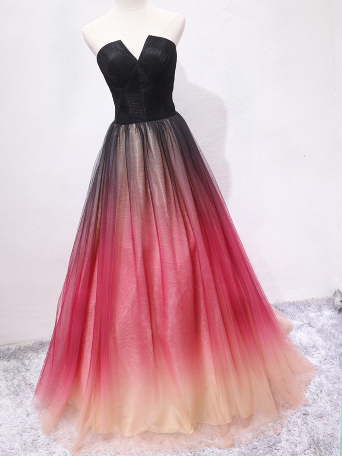 Strapless A Line V Neck Open Back Ombre Long Prom Dresses, Long Ombre Formal Graduation Evening Dresses