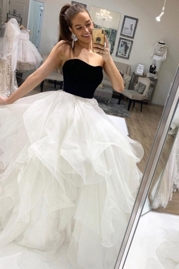 Strapless Ball Gown Tiered Tulle Long Prom Dress