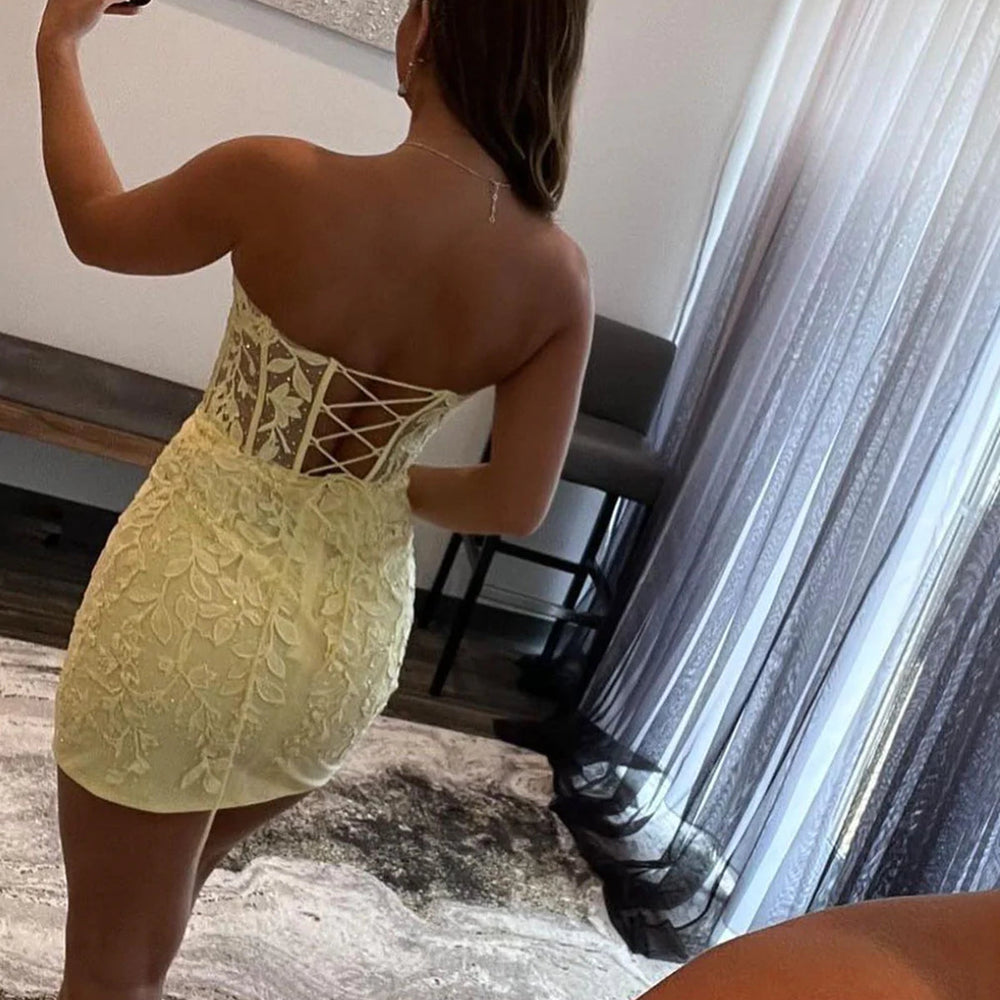 
                      
                        Strapless Beaded Short Yellow Lace Prom Dresses, Yellow Lace Homecoming Dresses, Mermaid Yellow Formal Evening Dresses 
                      
                    