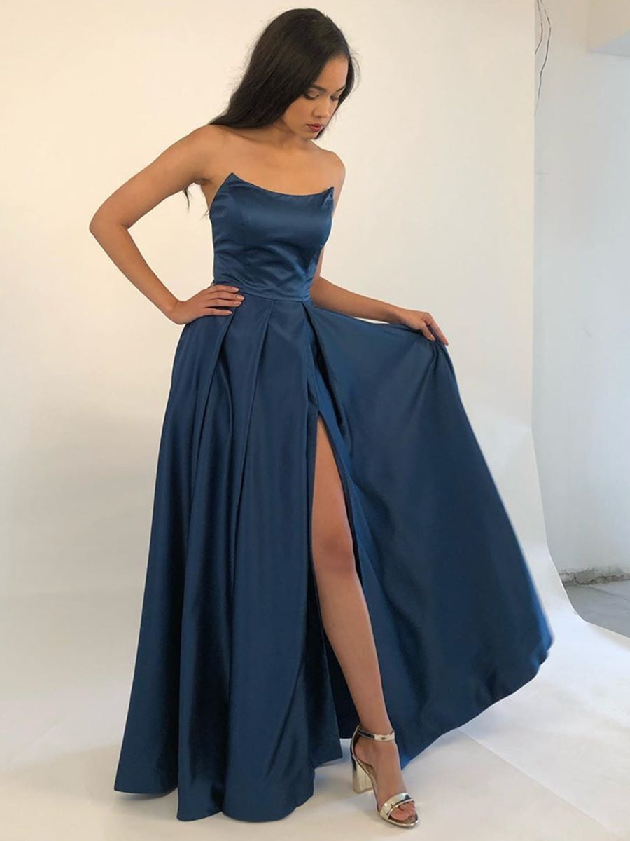 Strapless Burgundy/Blue Satin Long Prom Dresses with Side Slit, Strapless Burgundy/Blue Formal Graduation Evening Dresses