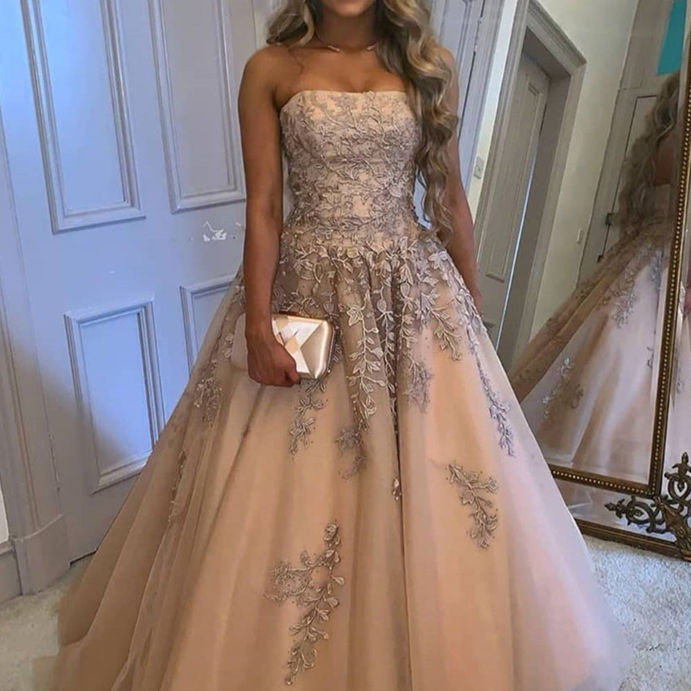 Strapless Champagne Tulle Lace Long Prom Dresses with Appliques, Champagne Lace Formal Graduation Evening Dresses 