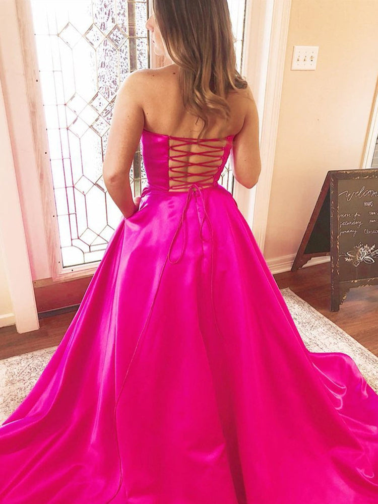 
                      
                        Strapless Fuchsia Satin Long Prom Dresses with Pocket, Hot Pink Long Formal Evening Dresses
                      
                    