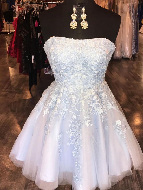 Strapless Light Blue Lace Tulle Short Prom Homecoming Dresses, Light Blue Lace Formal Graduation Evening Dresses 