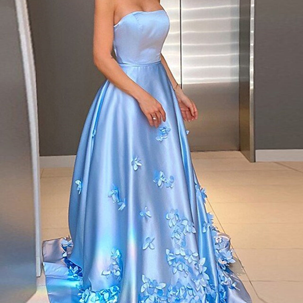 
                      
                        Strapless Light Blue Satin Floral Long Prom Dresses, Light Blue Formal Dresses with 3D Flowers, Light Blue Evening Dresses 
                      
                    