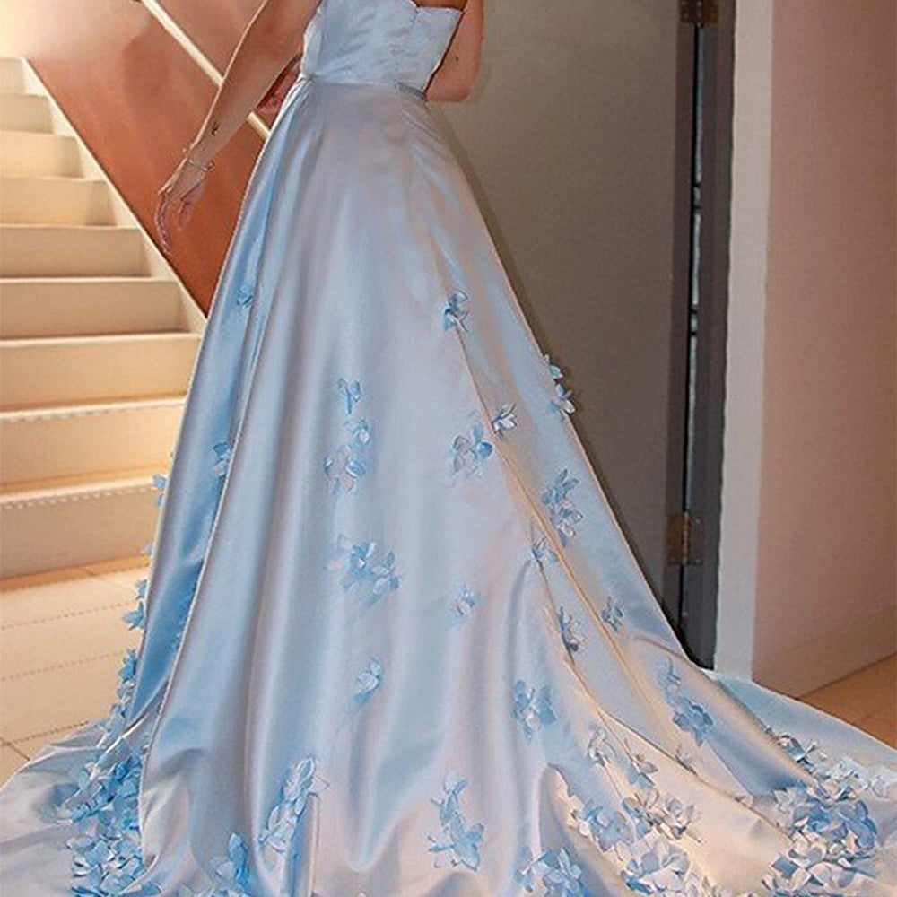 
                      
                        Strapless Light Blue Satin Floral Long Prom Dresses, Light Blue Formal Dresses with 3D Flowers, Light Blue Evening Dresses 
                      
                    