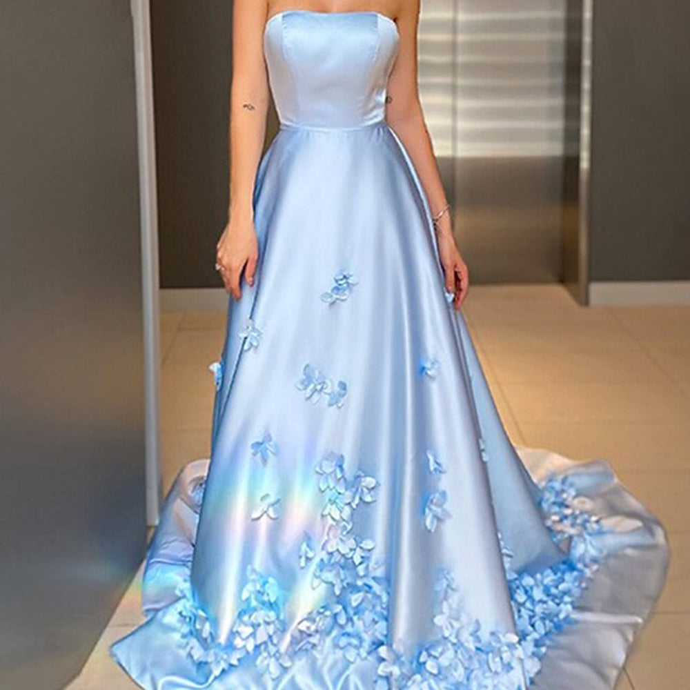 Strapless Light Blue Satin Floral Long Prom Dresses, Light Blue Formal Dresses with 3D Flowers, Light Blue Evening Dresses 