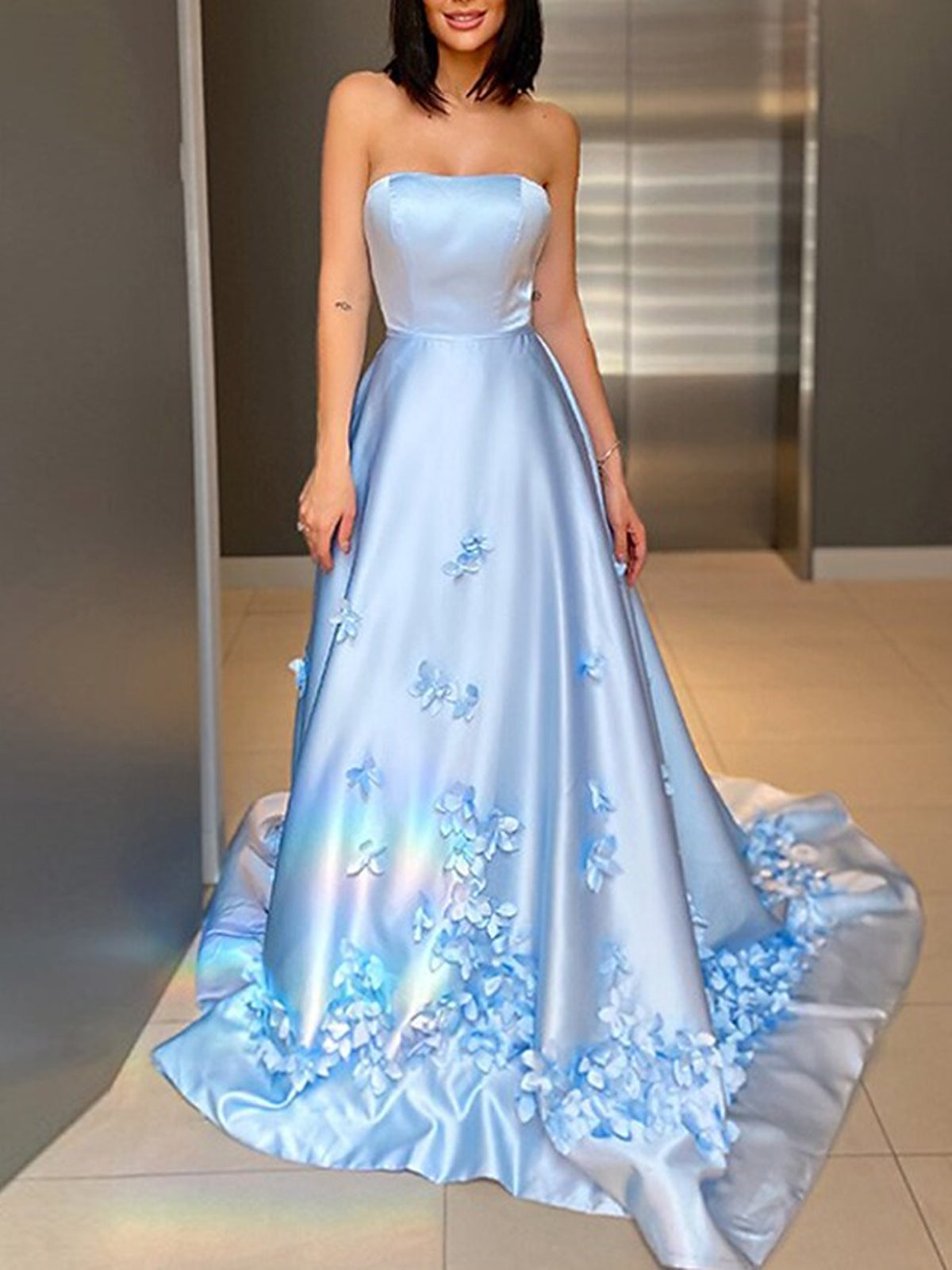 Strapless Light Blue Satin Floral Long Prom Dresses, Light Blue Formal Dresses with 3D Flowers, Light Blue Evening Dresses 