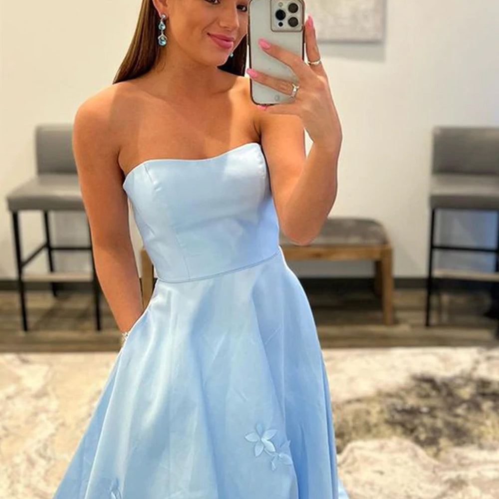 
                      
                        Strapless Light Blue Satin Long Prom Dresses with 3D Flowers, Long Light Blue Floral Formal Graduation Evening Dresses 
                      
                    