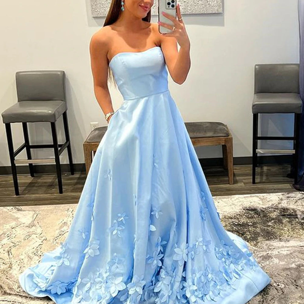 
                      
                        Strapless Light Blue Satin Long Prom Dresses with 3D Flowers, Long Light Blue Floral Formal Graduation Evening Dresses 
                      
                    