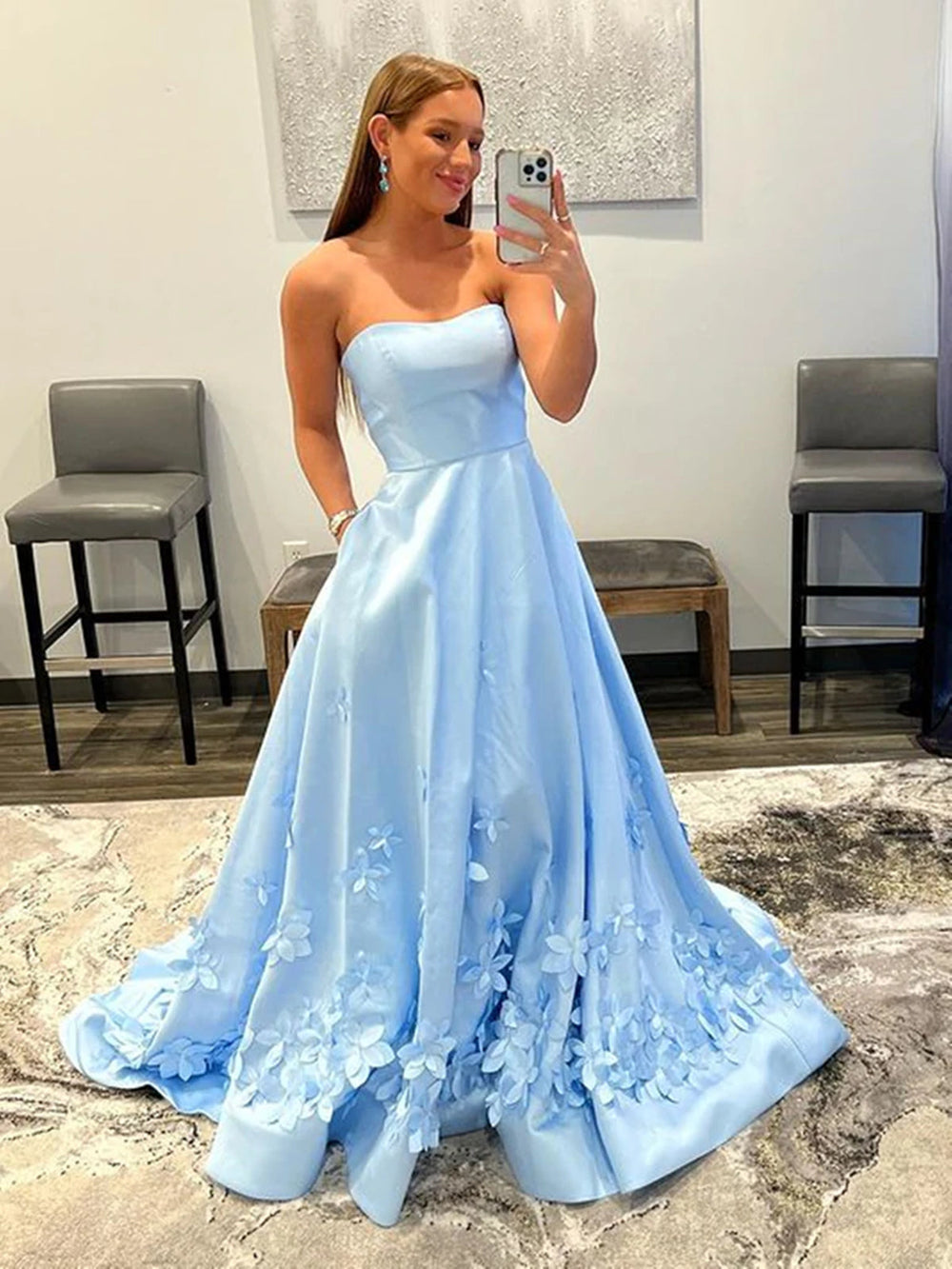 Strapless Light Blue Satin Long Prom Dresses with 3D Flowers, Long Light Blue Floral Formal Graduation Evening Dresses 