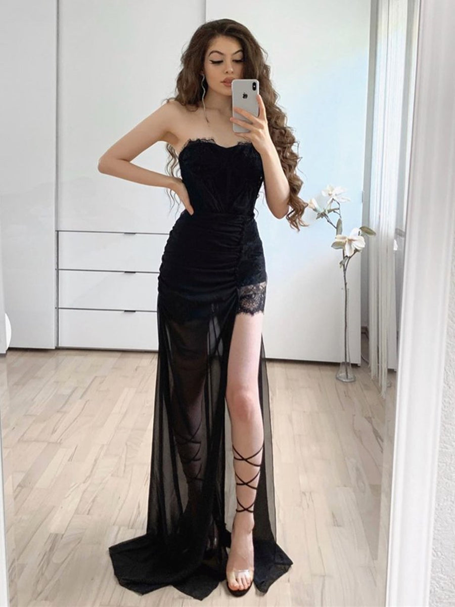 Strapless Long Black Lace Prom Dresses with High Slit, Black Lace Formal Graduation Evening Dresses