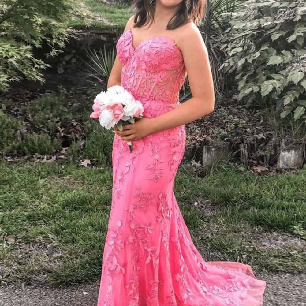 Strapless Mermaid Hot Pink Lace Floral Long Prom Dresses, Mermaid Hot Pink Formal Dresses, Hot Pink Lace Evening Dresses 