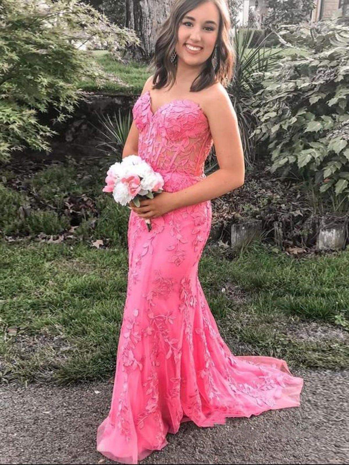 Strapless Mermaid Hot Pink Lace Floral Long Prom Dresses, Mermaid Hot Pink Formal Dresses, Hot Pink Lace Evening Dresses 