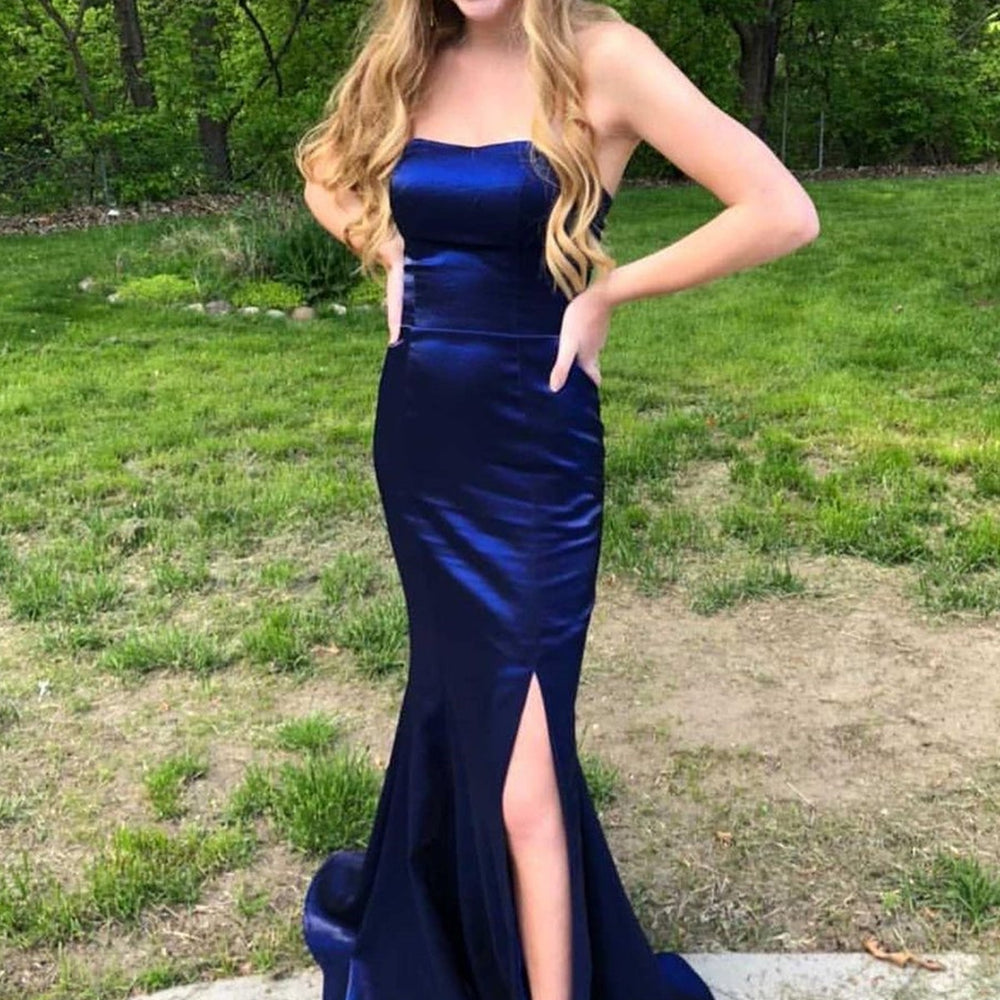 
                      
                        Strapless Mermaid Satin Long Prom Dress With Slit
                      
                    