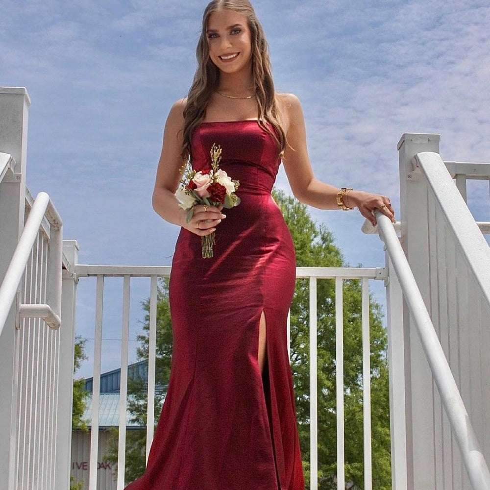 
                      
                        Strapless Mermaid Satin Long Prom Dress With Slit
                      
                    