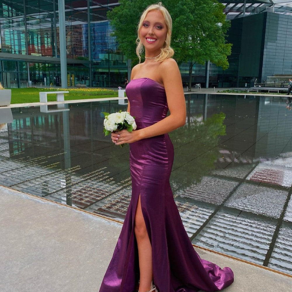 
                      
                        Strapless Mermaid Satin Long Prom Dress With Slit
                      
                    