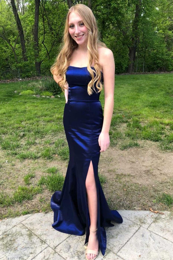 Strapless Mermaid Satin Long Prom Dress With Slit